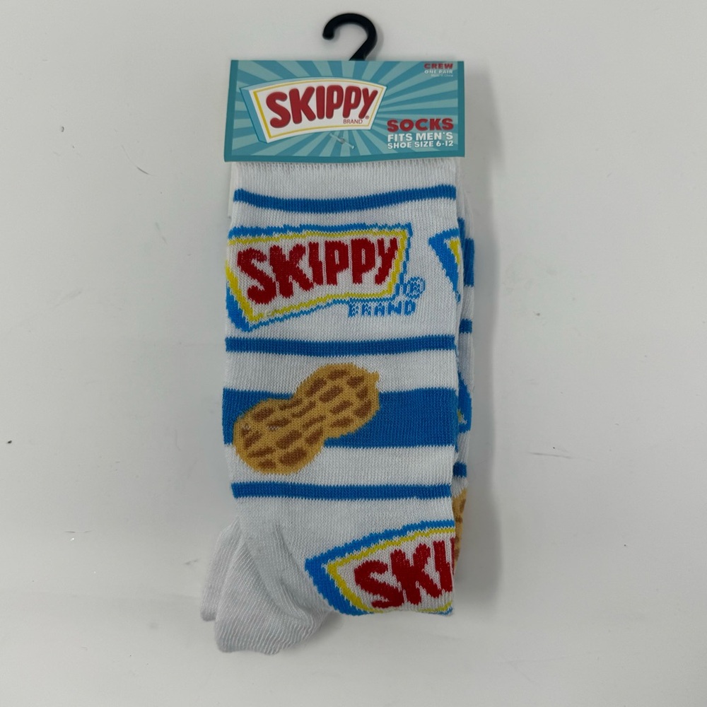 Men's Novelty Skippy Peanut Butter Blue and White Crew Socks